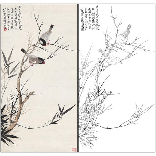 工笔画白描底稿于非闇花鸟《竹叶双禽》临摹勾线高清打印稿FA68 商品图0