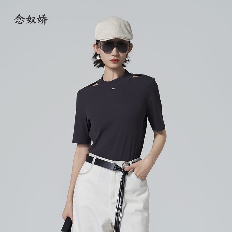 【商场同款】CNA6349 “ 露肩针织T恤 ” 精梳棉螺纹针织T恤 舒适亲肤 小设计更有韵味