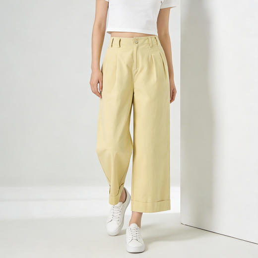 「高货xg」全新升级【铂金会员183/天猫239/差价56】(80102)洛诗琳气质水洗棉阔腿裤女2026新款高腰奶油黄九分直筒裤 商品图2