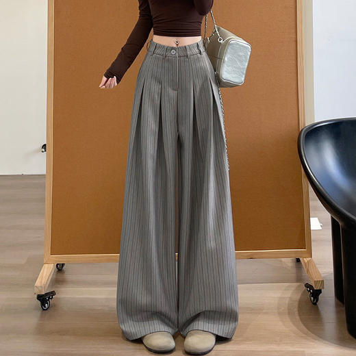 「老钱风~小众设计」条纹阔腿裤女春秋新款韩系设计感高腰显瘦垂坠感西装裤下装 商品图1