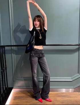 古驰 黑色马鞍扣直筒牛仔裤