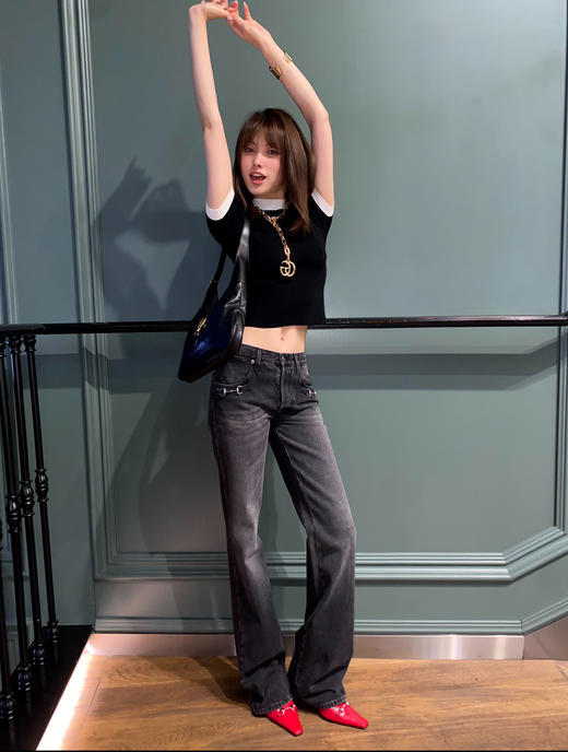 古驰 黑色马鞍扣直筒牛仔裤 商品图0