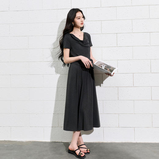 三彩2026夏季新款假两件连衣裙收腰A字裙荡领长裙S 商品图1