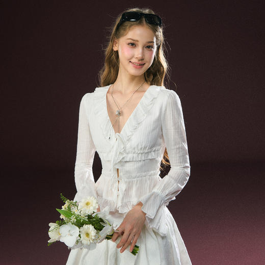 Ariseism 美式复古设计感白色花边长袖T恤女春季新款上衣 商品图1