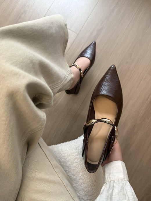 百思图同款超软牛皮金豆子小方跟尖头鞋 商品图5