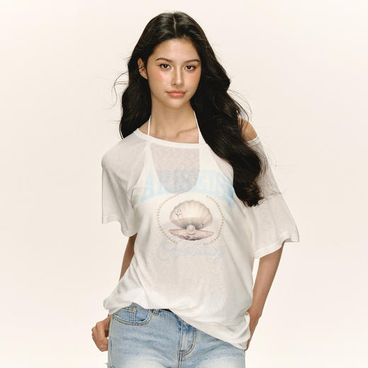 Ariseism 美式复古贝壳斜肩短袖T恤女夏季新款宽松微透罩衫上衣 商品图1