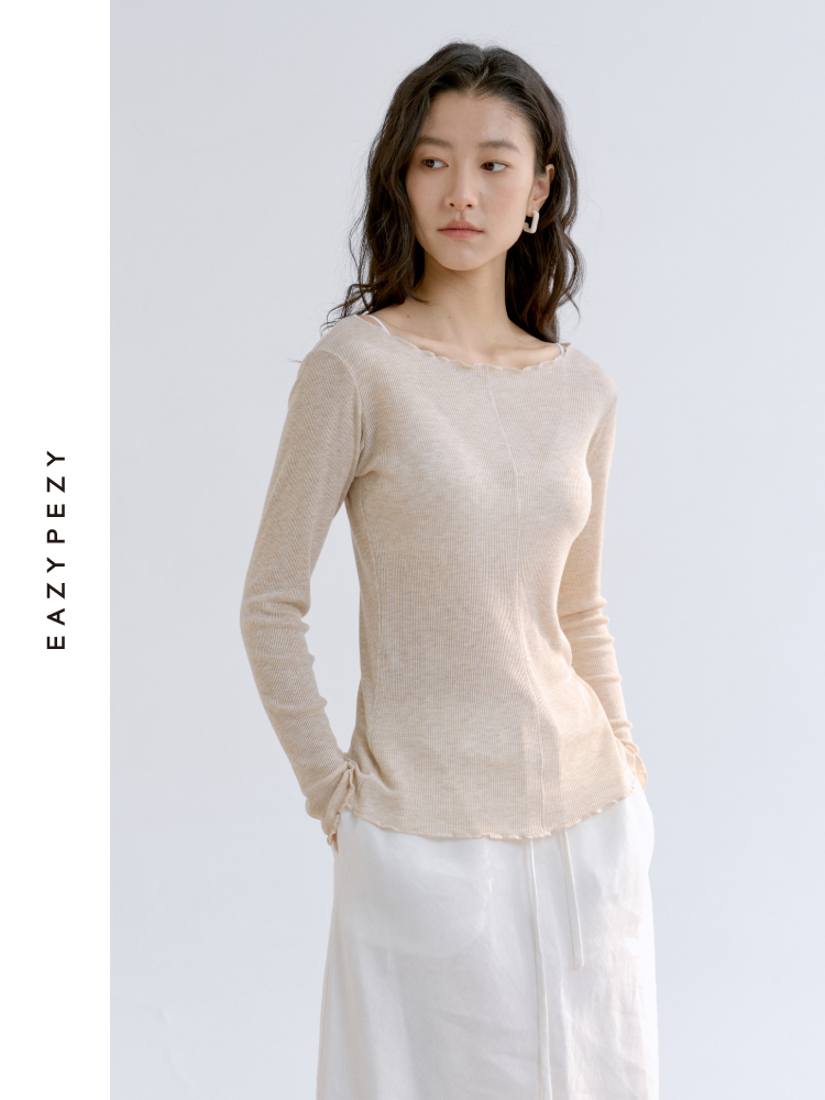 裸感·羊绒醋酸木耳边修身长袖罗纹衫