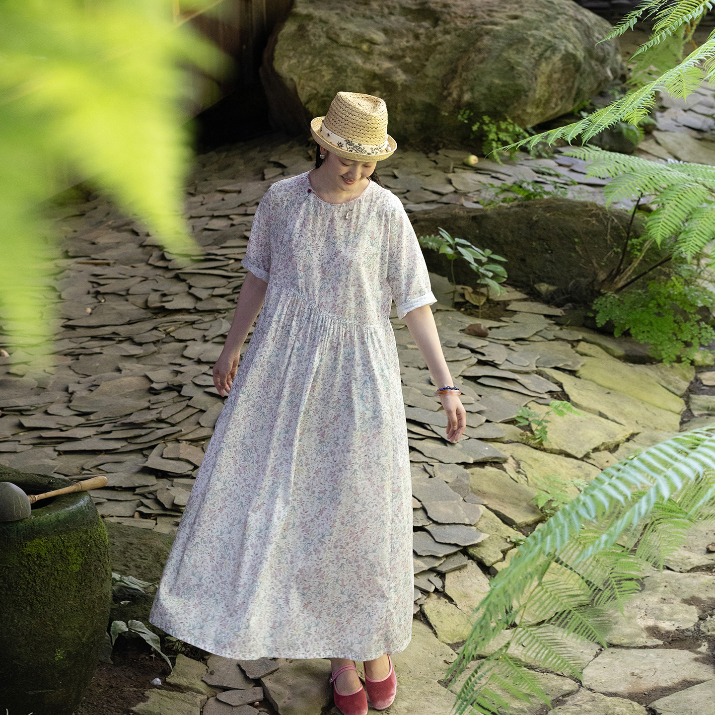 牧衣游原创 80支印花纯棉连衣裙女新款宽松质朴文艺碎花长裙 青湲