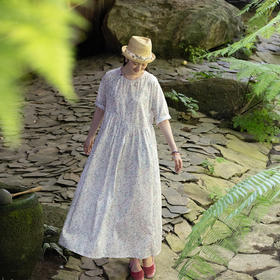 牧衣游原创 80支印花纯棉连衣裙女新款宽松质朴文艺碎花长裙 青湲