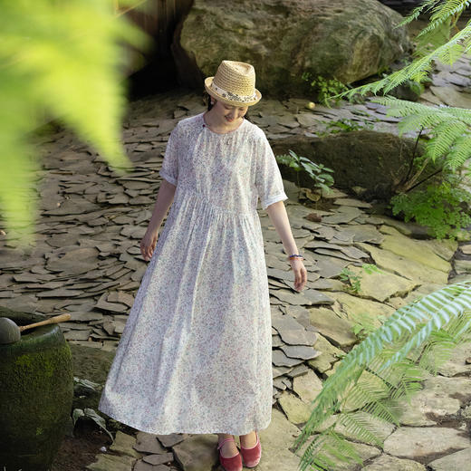 牧衣游原创 80支印花纯棉连衣裙女新款宽松质朴文艺碎花长裙 青湲 商品图0