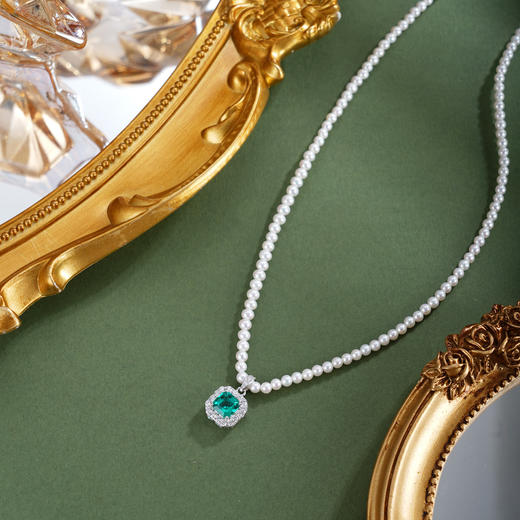 子佩集【碧海方糖】银S925珍珠惜王妃项链【ZZXL019】2.8mm珠绿方块2601 商品图0