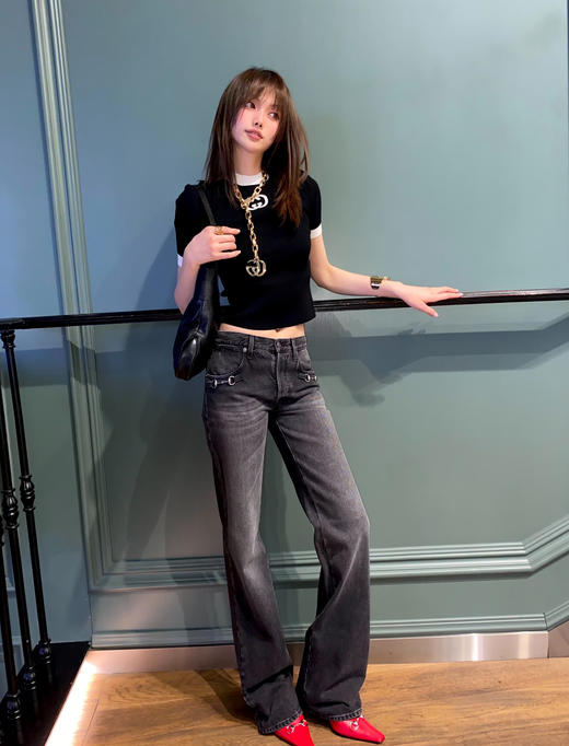 古驰 黑色马鞍扣直筒牛仔裤 商品图3