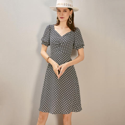 米思阳雪纺四叶花印花新款灯笼袖V领四叶花薄款连衣裙8D21BL1034 商品图2