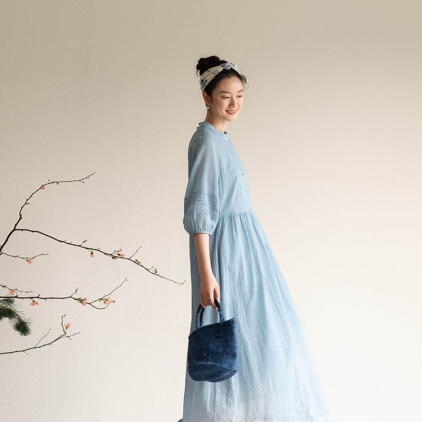 牧衣游原创 100支纯棉打条连衣裙女宽松轻薄飘逸蓝色长裙 云山晓