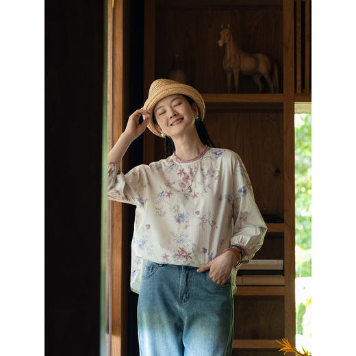 牧衣游原创 80支印花纯棉小衫女新款清雅文艺宽松碎花上衣 麦圆 商品图2