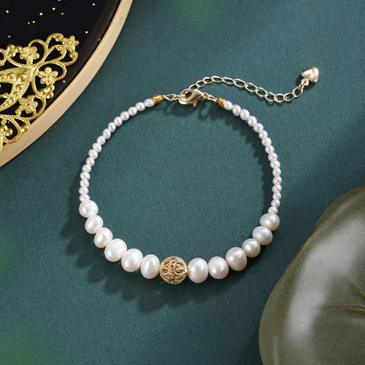 子佩集【韶光潋滟】珍珠惜王妃手链【ZZSL022】2.8-7mm珠镀金镂空花丝球2601 商品图0