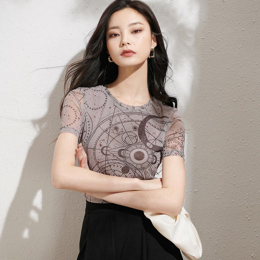 夏季显瘦新款时尚印花修身圆领上衣气质百搭短袖薄T恤8D22BT0889 商品图1