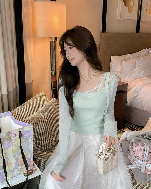 张心子【少女心事】纯欲小性感假两件蕾丝拼色可外穿美背内衣 U2603027 商品图5