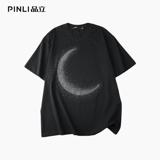 PINLI品立2026夏季新款青年月亮烫钻圆领落肩袖短袖T恤上衣潮牌男BG262111506 商品图5