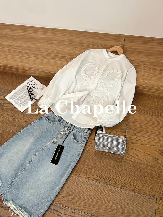 专柜实拍【气质优雅】拉夏贝尔/La Chapelle法式立领木耳边精致排扣通勤长袖衬衫简约净版气质上衣 商品图0