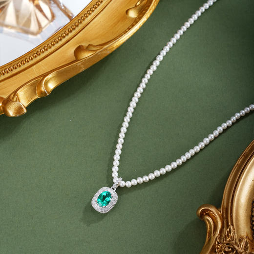 子佩集【岁月新生】银S925珍珠惜王妃项链【ZZXL033】2.8mm珠绿椭圆方块2601 商品图0