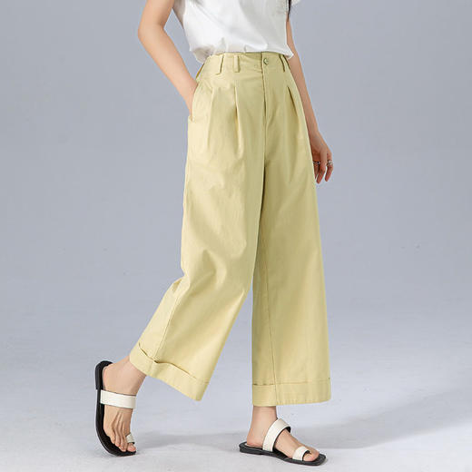 「高货xg」全新升级【铂金会员183/天猫239/差价56】(80102)洛诗琳气质水洗棉阔腿裤女2026新款高腰奶油黄九分直筒裤 商品图3