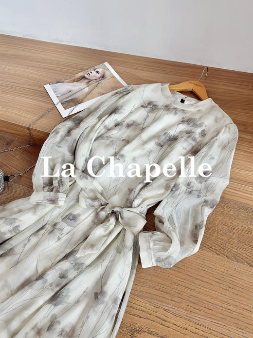 专柜实拍【古风清冷感】拉夏贝尔/La Chapelle含莱赛尔！高级气质圆领后两粒扣水墨画晕染垂感连衣裙 商品图6