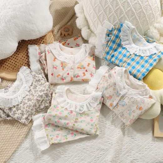 其其宝宝儿童亲子装弹力棉纱宝宝春夏家居服套装韩版花边潮童女宝空调服73-180★娃娃优选 商品图2