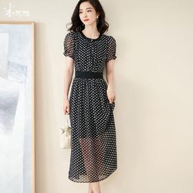 米思阳新款复古优雅波点雪纺裙中长款收腰显瘦连衣裙5M21BL1249