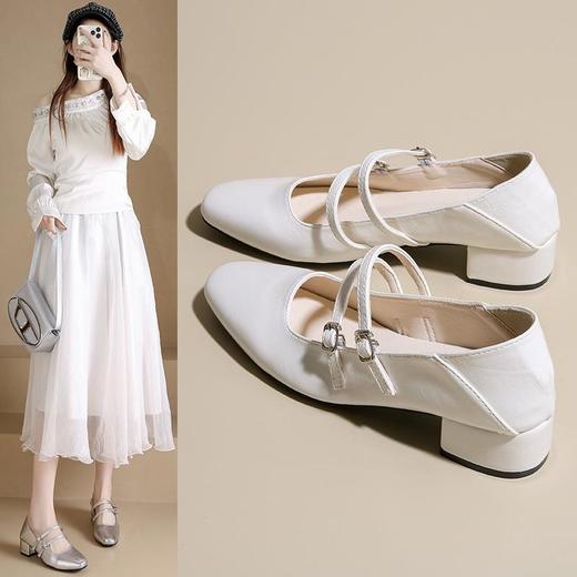 【新贵玛丽珍】2026银色浅口粗跟单鞋女春秋新款韩版法式气质仙女风温柔通勤粗跟玛丽珍鞋 商品图1