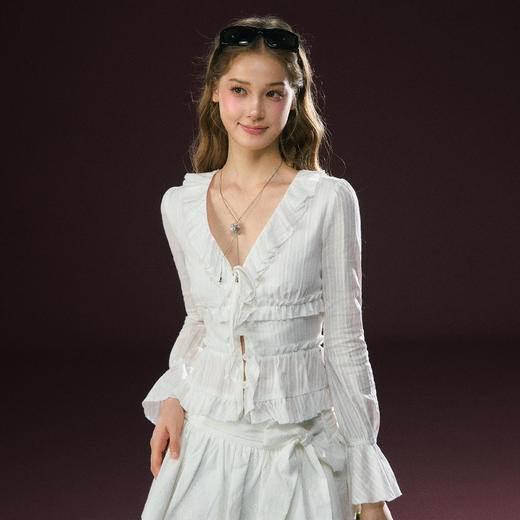 Ariseism 美式复古设计感白色花边长袖T恤女春季新款上衣 商品图2