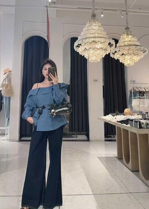 【门店同款】ENJOY秋季“浮光织影”露肩格子上衣 164900030 商品图0