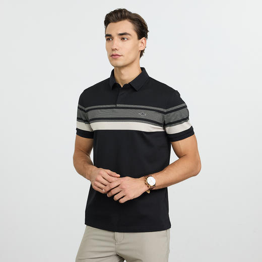 【桑蚕丝】德鲨黑色短袖POLO衫男青年2026夏新款条纹撞色翻领T恤 商品图1