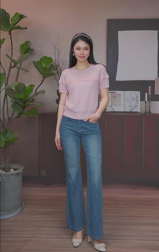 司歌圆领短袖收腰针织衫夏女荷叶边百搭上衣G93G3706 商品图2