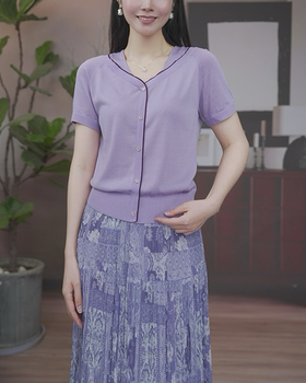 司歌针织衫轻薄透气收腰上衣v领夏女天丝G93G3951