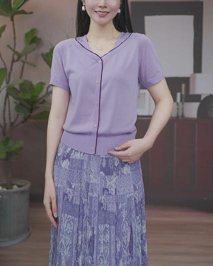 司歌针织衫轻薄透气收腰上衣v领夏女天丝G93G3951 商品图0