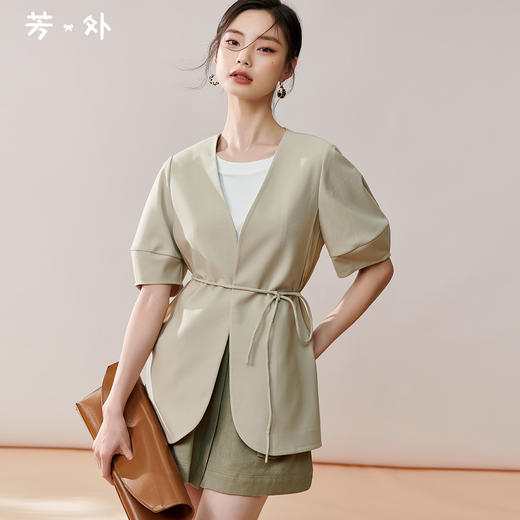 夏季新款通勤OL短袖拼接外套简约绑带灯笼袖宽松上衣8T23BW0440 商品图0