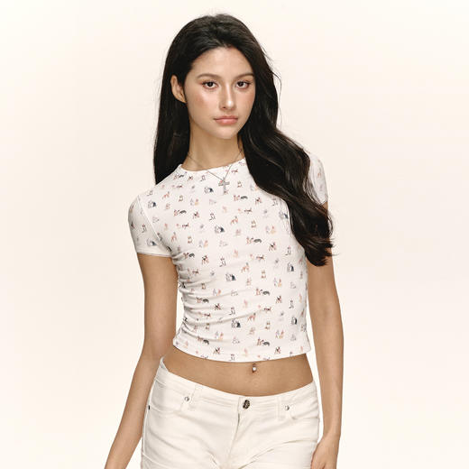 Ariseism 美式复古满印花小狗短袖T恤女夏季新款修身上衣 商品图1
