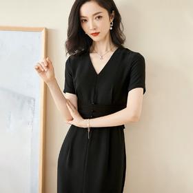 米思阳2024秋季新款知性优雅醋酸连衣裙收腰显瘦黑色开叉裙子1336