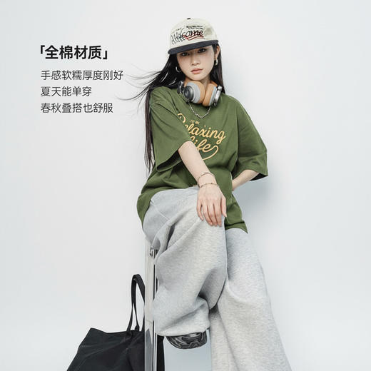 马登美式复古墨绿色圆领纯棉宽松版落肩袖印花短袖T恤上衣女士夏 商品图3