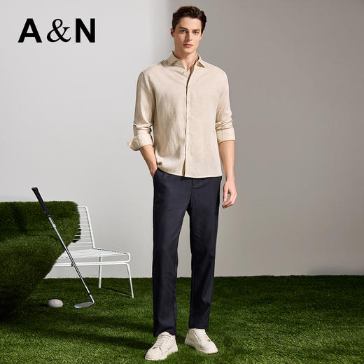 安东尼奥A&N 【棉+亚麻】春季新款男士长袖衬衫商务纯色亲肤老钱风通勤衬衣7243149 商品图11