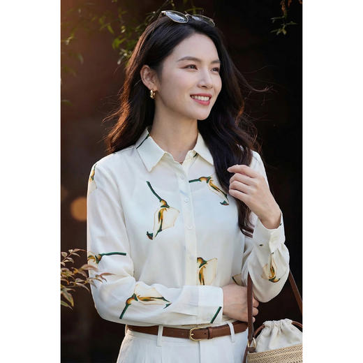 100%桑蚕丝亲肤柔软衬衣 米思阳2026春季优雅印花衬衫女3997 商品图1