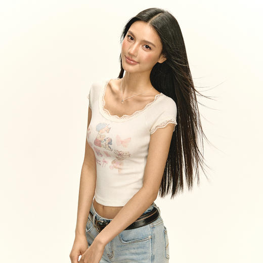 Ariseism 美式复古蕾丝边印花短袖T恤女夏季新款修身上衣 商品图2