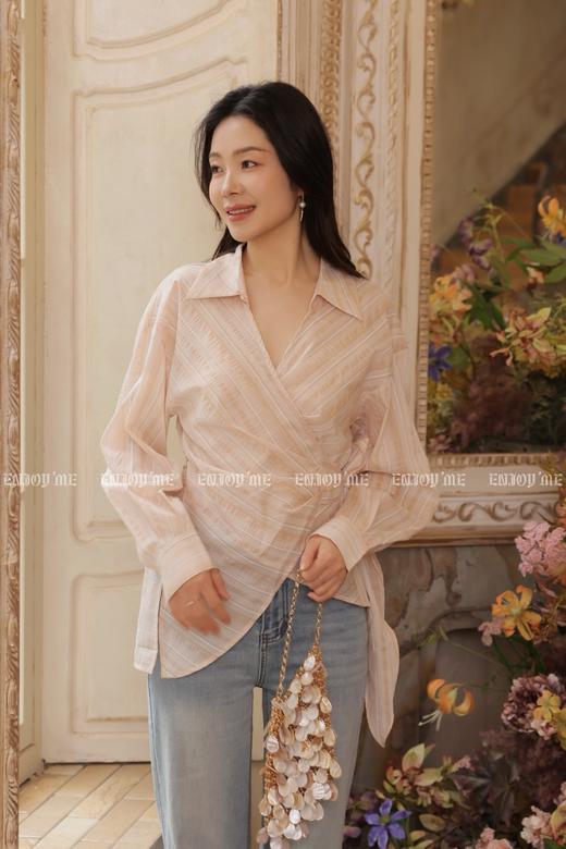 【门店同款】ENJOY夏季三文鱼色条纹绑带衬衫 170643818 商品图1