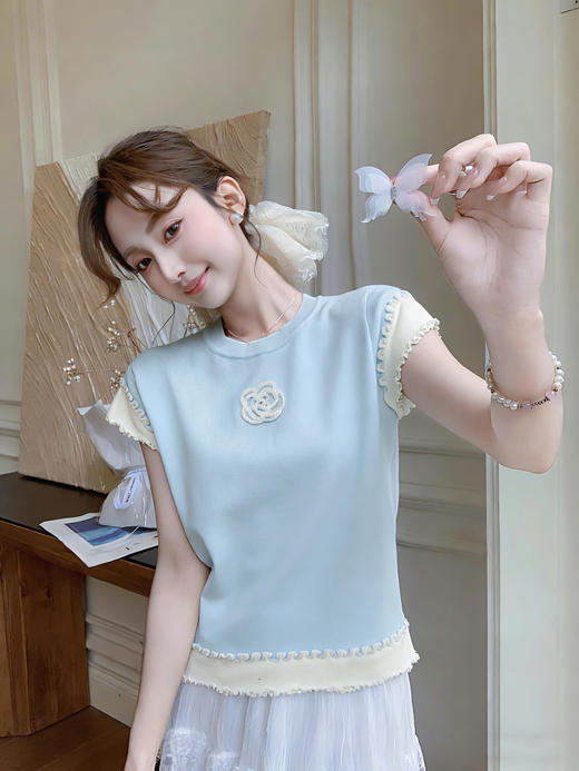 张心子【山茶栀意】圆领气质山茶花撞色花边上衣 U2603006 商品图14