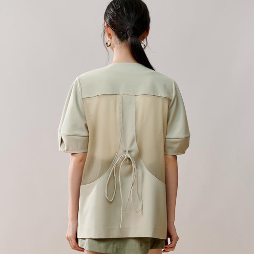 夏季新款通勤OL短袖拼接外套简约绑带灯笼袖宽松上衣8T23BW0440 商品图4