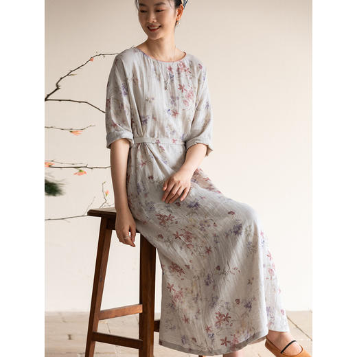 牧衣游原创 进口亚麻印花连衣裙新款轻薄宽松质朴复古长裙 花满柿 商品图2
