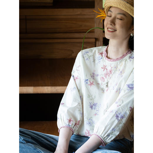 牧衣游原创 80支印花纯棉小衫女新款清雅文艺宽松碎花上衣 麦圆 商品图3