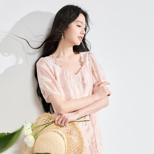 【莱赛尔】三彩2026夏季新款碎花连衣裙短袖A字裙中长S 商品图2