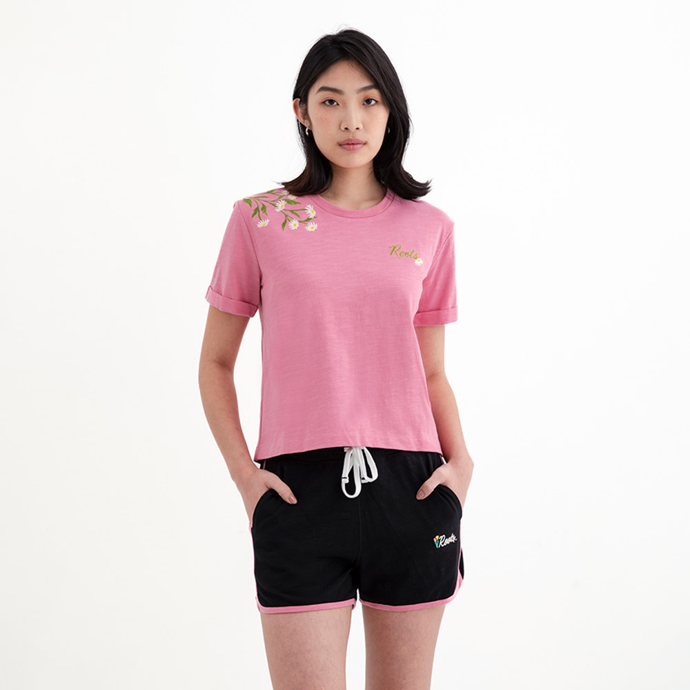 【2件9折】【ROOTS】女式花卉卷袖短版短袖T恤